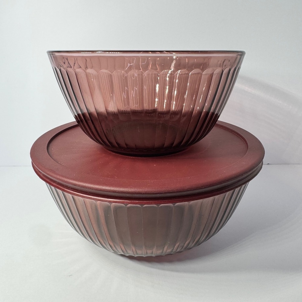 Pyrex Sculptured Cranberry Glass Mixing Bowl Set Vintage Ribbed 1.5L 2.5L w/ Lid
